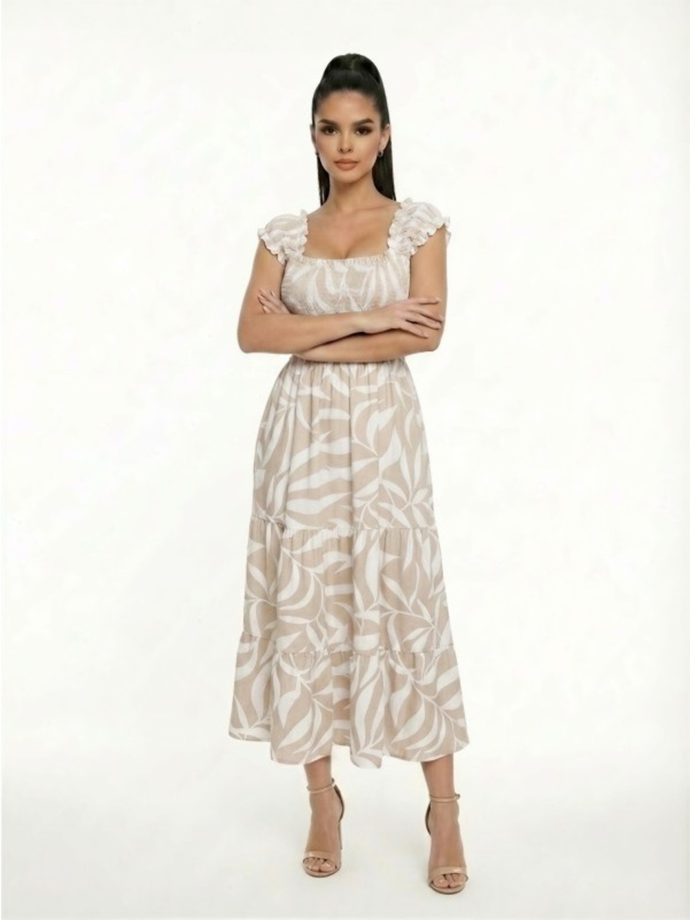 Blush Printed Shirring Square Ruffled Long Dress